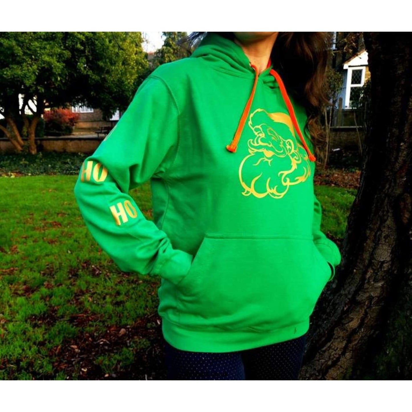 HO HO HO Santa Face Personalised Message on a SuperBright Hoodie - bymaya.co.uk