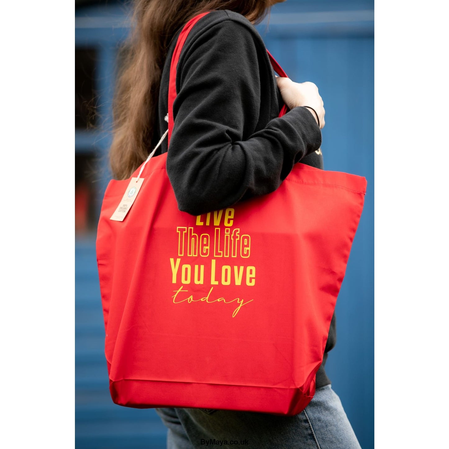 Live the Life you Love Today Organic Premium Cotton Maxi Tote Bag Personalised Red - bymaya.co.uk