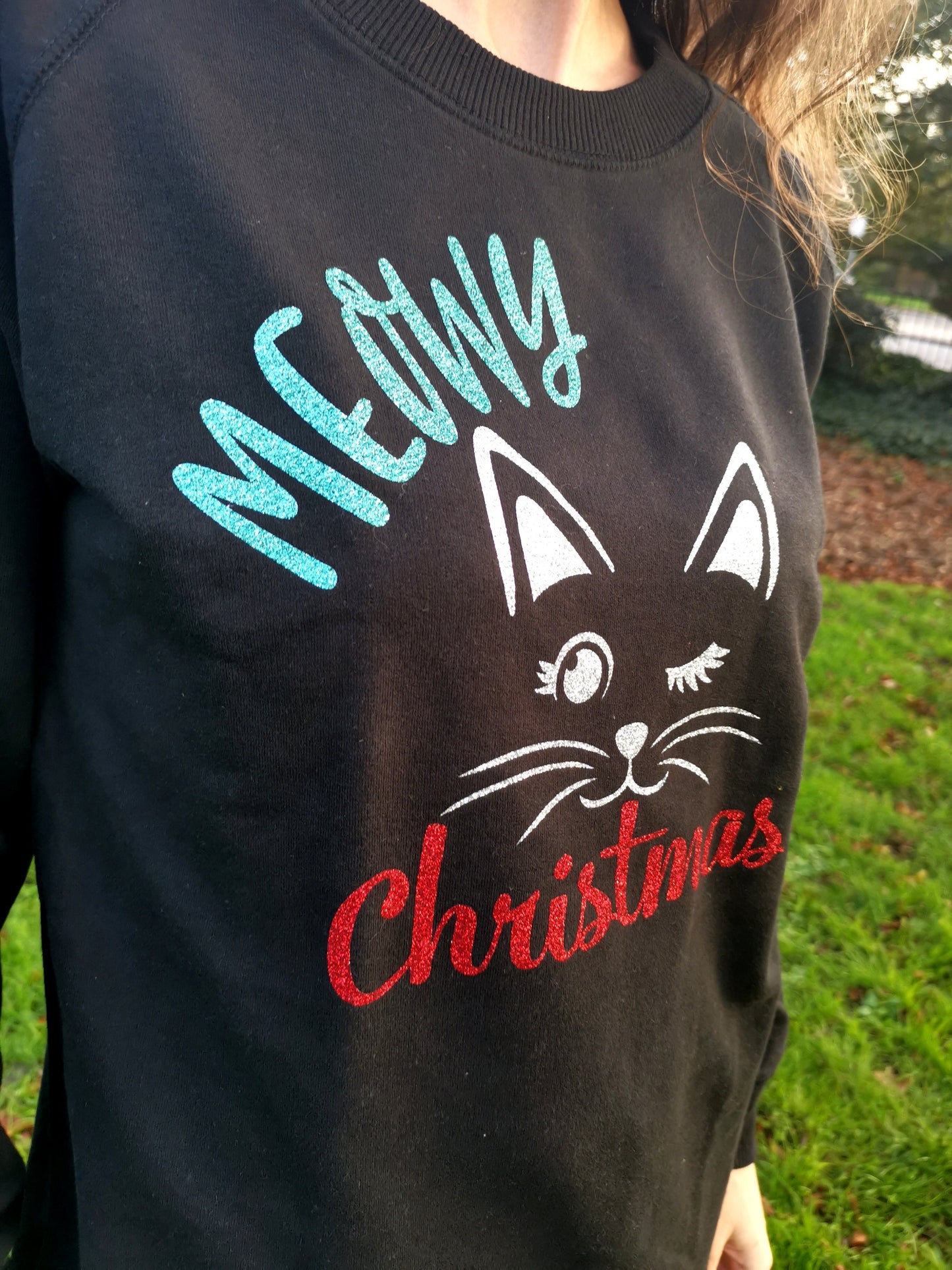 Meowy Christmas and a Cat Face Women's Long Length Christmas Sweatshirt