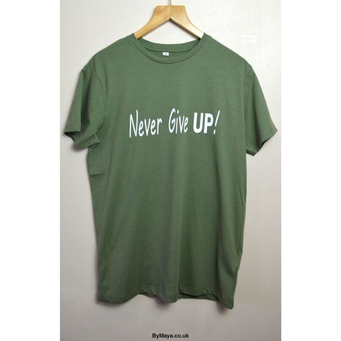Never Give Up! on a Ethically Made Organic Cotton Vegan Approved T-shirt - bymaya.co.uk