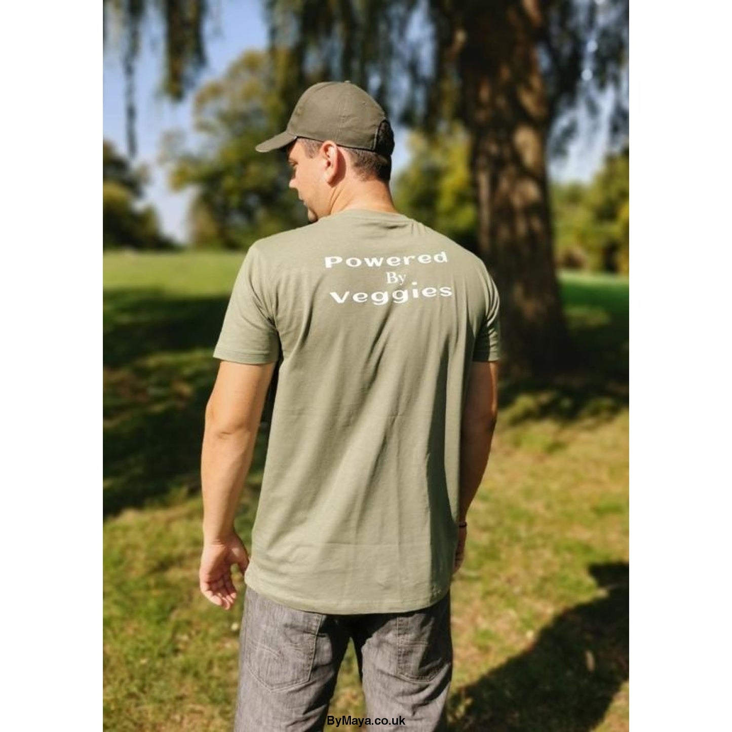 Powered by Veggies on a Ethically Made Organic Cotton Vegan Approved T-shirt - bymaya.co.uk