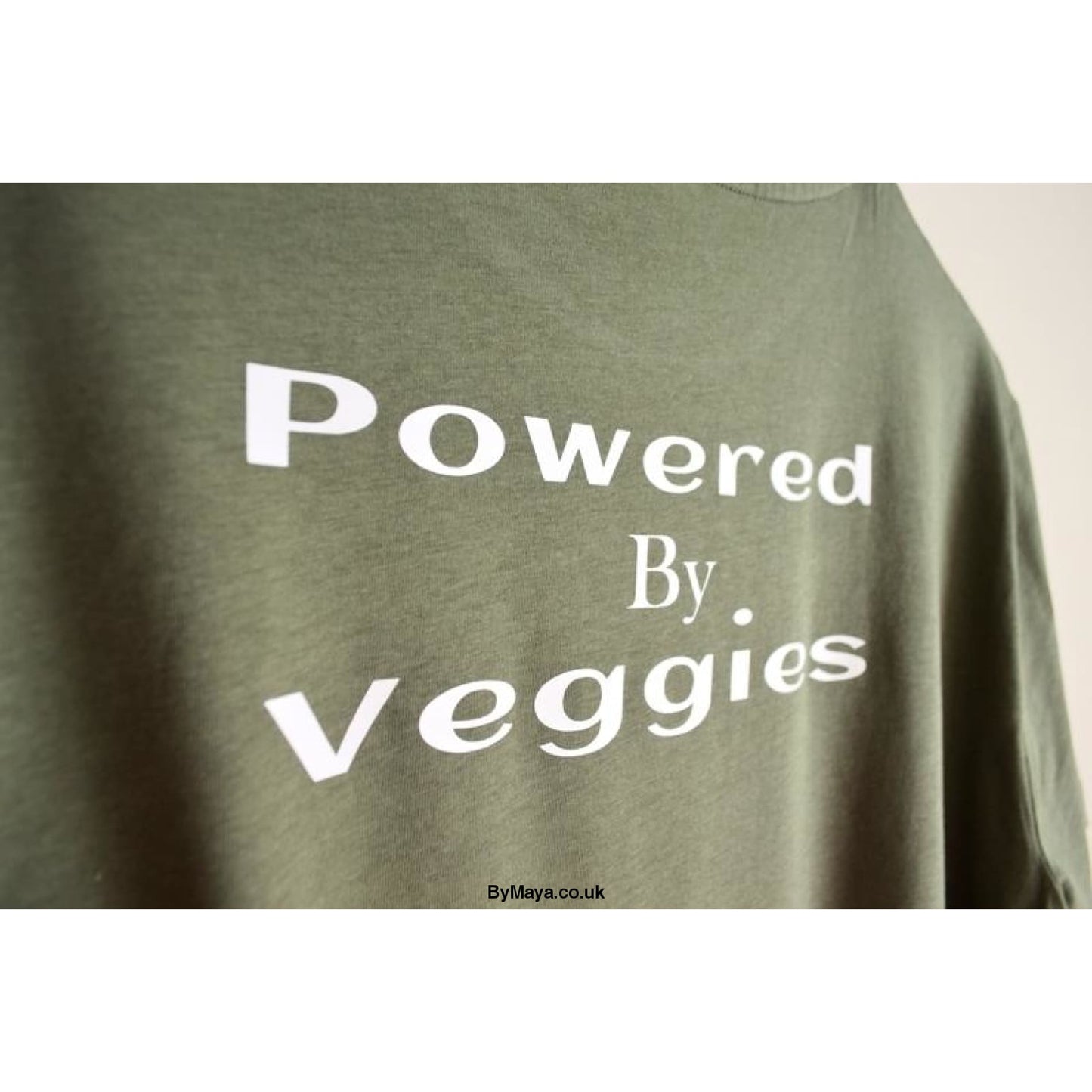 Powered by Veggies on a Ethically Made Organic Cotton Vegan Approved T-shirt - bymaya.co.uk