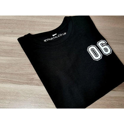 06 Varsity Number on a Ethically Made T-shirt - Women’s 