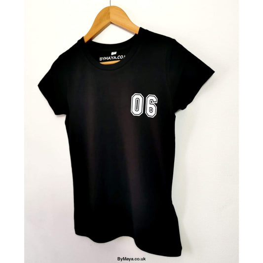 06 Varsity Number on a Ethically Made T-shirt - Women’s 