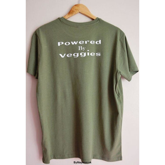 Powered by Veggies on a Ethically Made Organic Cotton Vegan Approved T-shirt - bymaya.co.uk